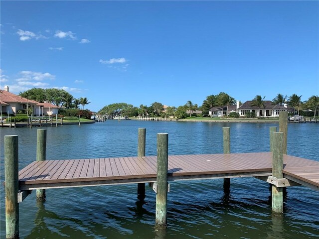 view of dock featuring a water view and a residential view