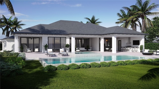 rear view of property featuring a yard, stucco siding, a patio area, an in ground hot tub, and an outdoor pool