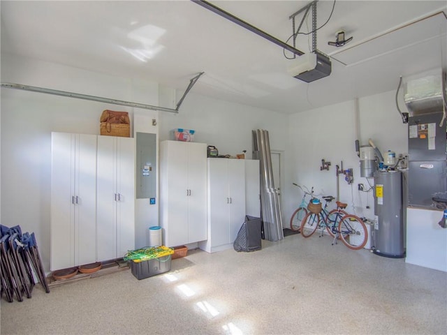 garage with electric panel, electric water heater, and a garage door opener