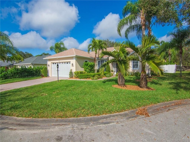 view of front of property featuring a front yard and a garage