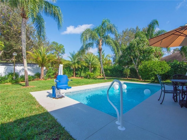 view of pool featuring a patio area and a yard