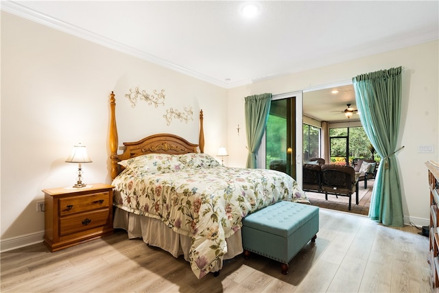 bedroom featuring access to exterior, light hardwood / wood-style flooring, and ornamental molding