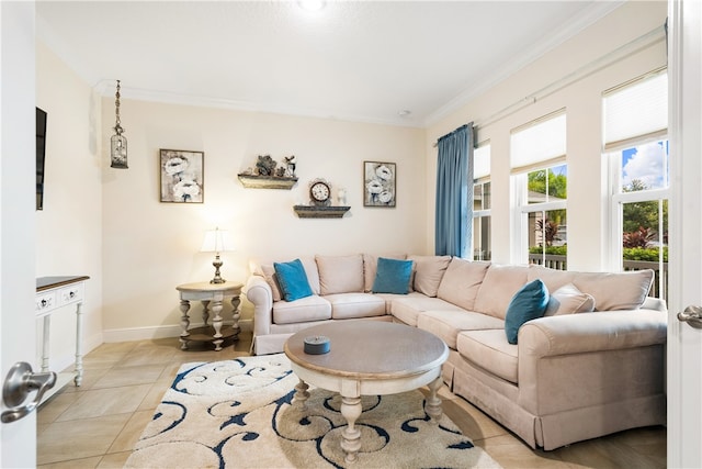 living room with light tile patterned floors and crown molding