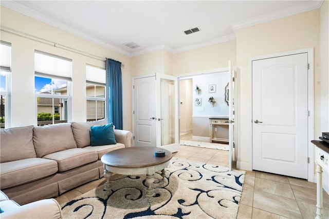 tiled living room with ornamental molding