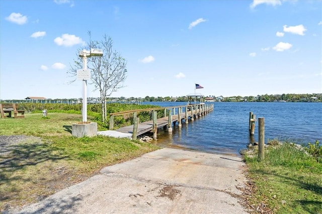 view of dock with a water view