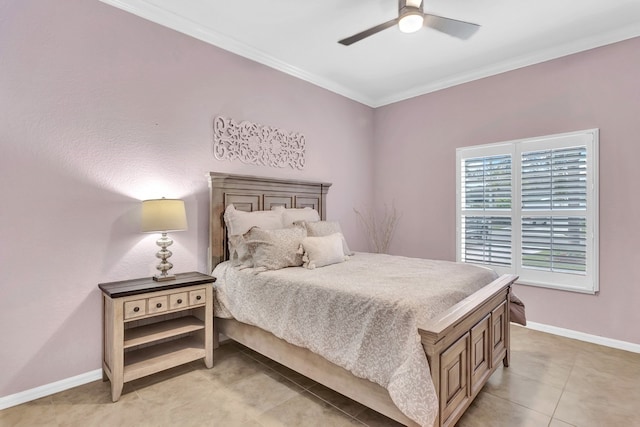 bedroom with ornamental molding, light tile patterned floors, and ceiling fan