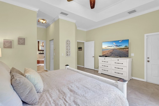 bedroom with ceiling fan, crown molding, and light tile patterned flooring