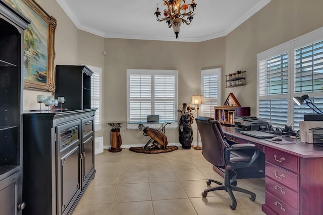 tiled home office with a chandelier and crown molding