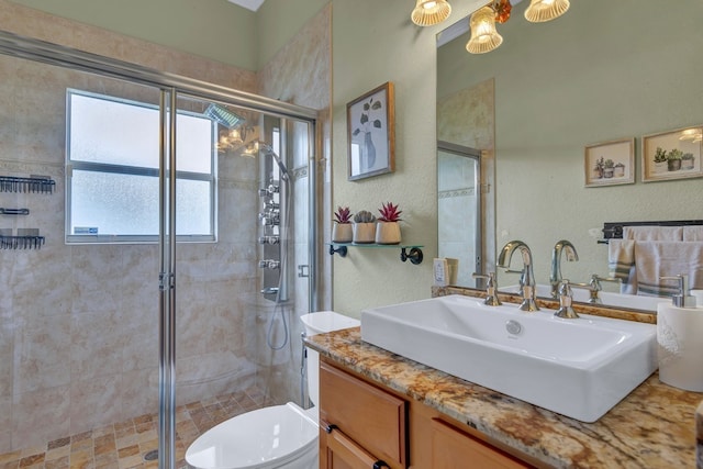 bathroom with a shower with door, vanity, and toilet