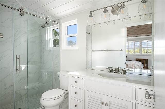 bathroom with vanity, plenty of natural light, and an enclosed shower