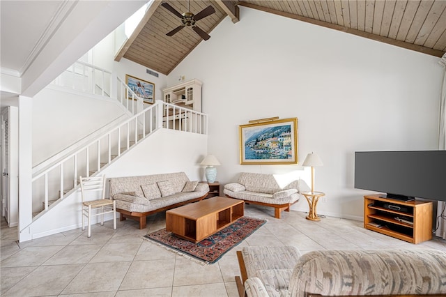 living room featuring beam ceiling, high vaulted ceiling, light tile patterned floors, and wood ceiling