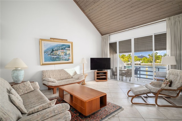 living room featuring light tile patterned floors, wood ceiling, and high vaulted ceiling