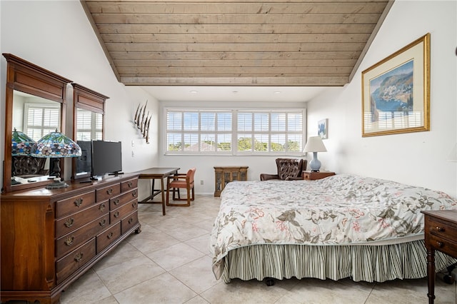 bedroom with vaulted ceiling, wooden ceiling, and light tile patterned flooring