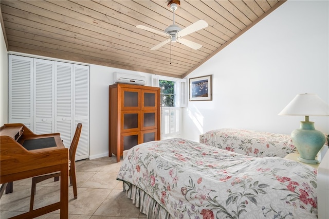 tiled bedroom with a wall mounted air conditioner, lofted ceiling, ceiling fan, wooden ceiling, and a closet