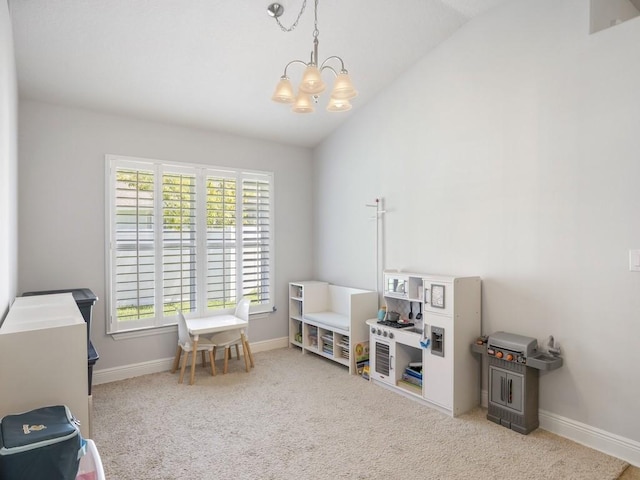 1206 Briarcliff Ct, Sebastian, FL 32958 - game room with healthy amount of natural light, carpet floors, a chandelier, and vaulted ceiling