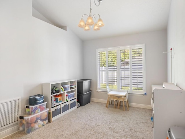 1206 Briarcliff Ct, Sebastian, FL 32958 - rec room with a chandelier, carpet flooring, vaulted ceiling, and baseboards