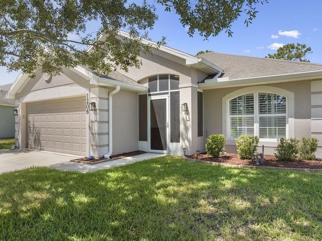 1206 Briarcliff Ct, Sebastian, FL 32958 - ranch-style home with a garage, stucco siding, a front lawn, and driveway