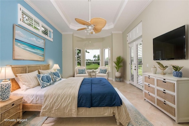 bedroom featuring ceiling fan, light tile patterned flooring, access to exterior, a raised ceiling, and crown molding