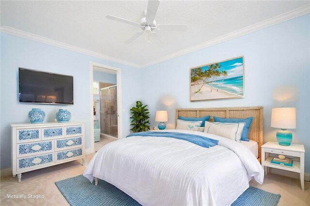 bedroom with crown molding, light colored carpet, connected bathroom, ceiling fan, and baseboards