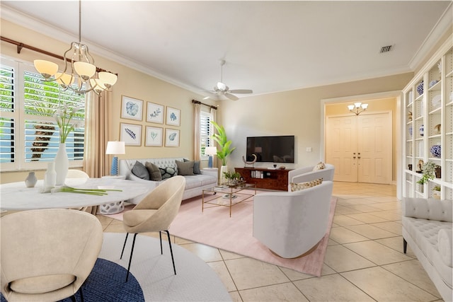 living room featuring light tile patterned flooring, plenty of natural light, and crown molding