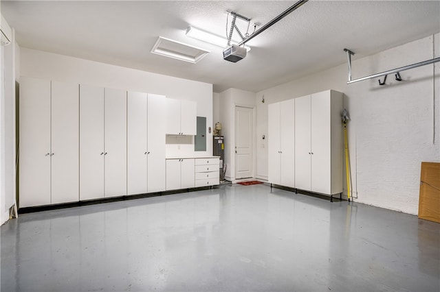 garage with electric panel, a garage door opener, and electric water heater