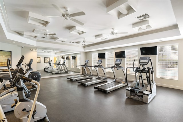 exercise room featuring plenty of natural light, crown molding, and a tray ceiling