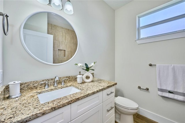 bathroom with vanity, hardwood / wood-style floors, and toilet