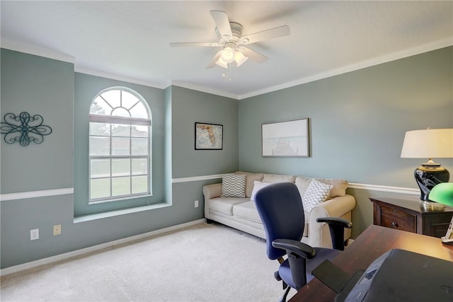907 Starflower Ave, Sebastian, FL 32958 - carpeted home office with ceiling fan and ornamental molding