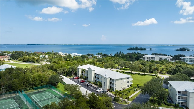 bird's eye view with a water view