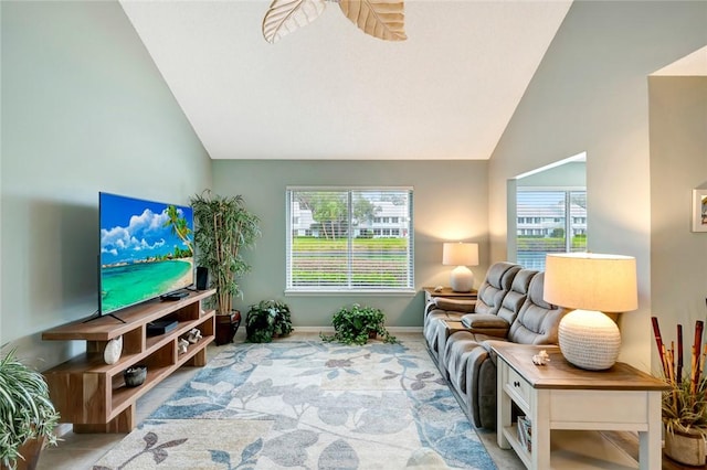 living room featuring lofted ceiling