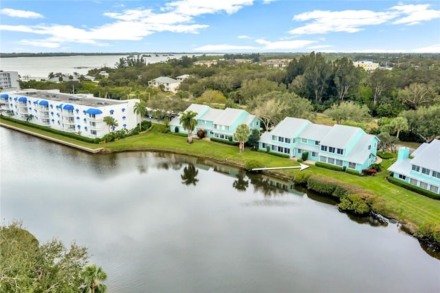 bird's eye view with a water view