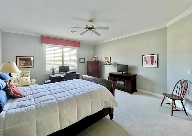 bedroom with crown molding, light colored carpet, and ceiling fan