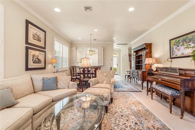 1135 Saint Georges Ln, Vero Beach, FL 32967 - living area with a chandelier, recessed lighting, light wood-style flooring, and crown molding