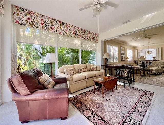 living room featuring ceiling fan