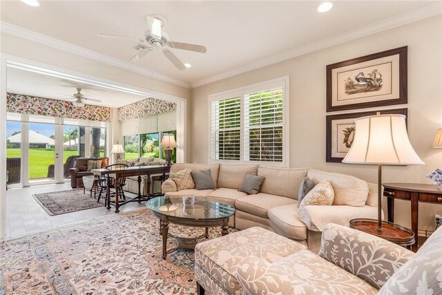 1135 Saint Georges Ln, Vero Beach, FL 32967 - living area featuring ceiling fan, plenty of natural light, wood finished floors, crown molding, and recessed lighting