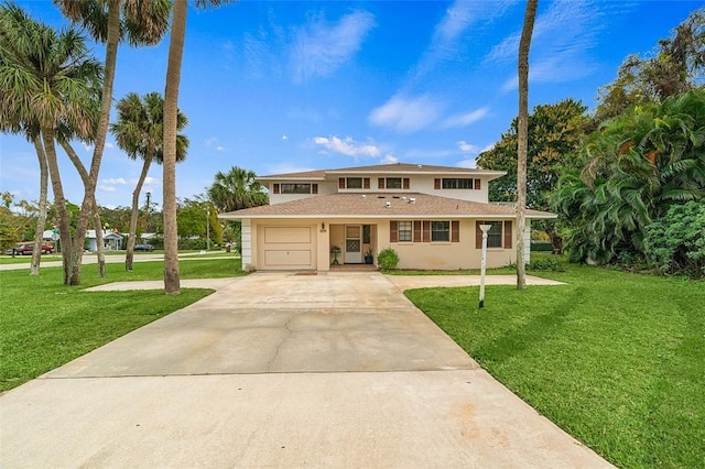 view of front of property with a garage and a front lawn