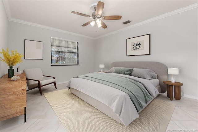 bedroom with ceiling fan and crown molding