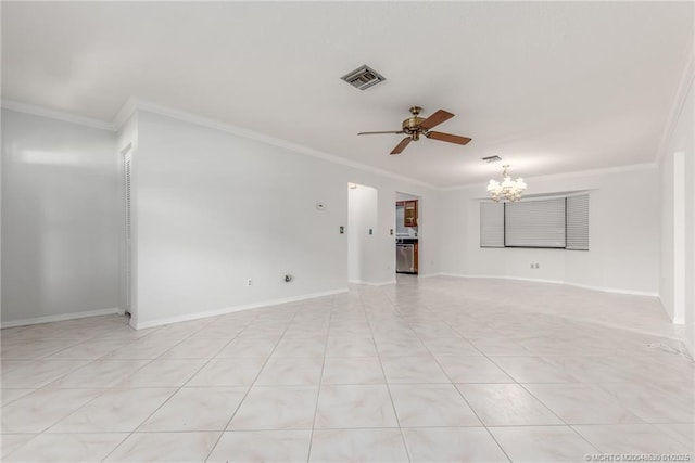 tiled empty room with ceiling fan with notable chandelier and ornamental molding