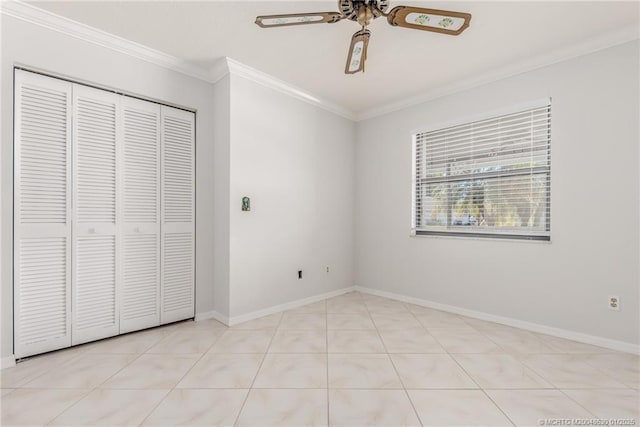 unfurnished bedroom featuring ceiling fan, light tile patterned floors, a closet, and ornamental molding