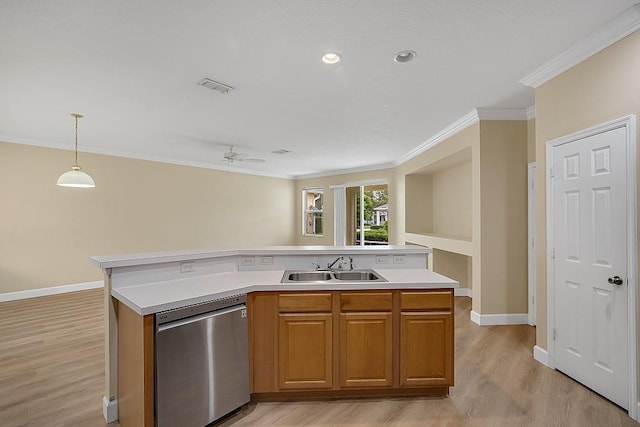 kitchen featuring dishwasher, decorative light fixtures, a center island with sink, and ceiling fan