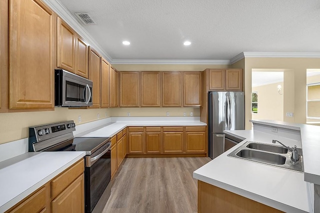 kitchen featuring sink, stainless steel appliances, light hardwood / wood-style flooring, crown molding, and a chandelier