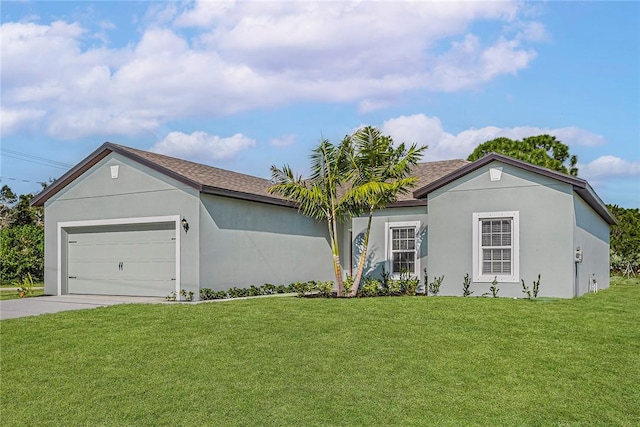 8425 98th Ct, Vero Beach, FL 32967 - ranch-style home featuring a front lawn, concrete driveway, an attached garage, stucco siding, and a shingled roof