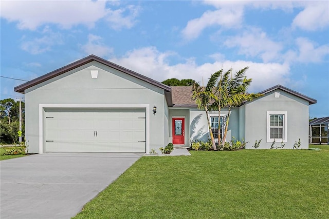 8425 98th Ct, Vero Beach, FL 32967 - ranch-style house with driveway, stucco siding, a front yard, and an attached garage