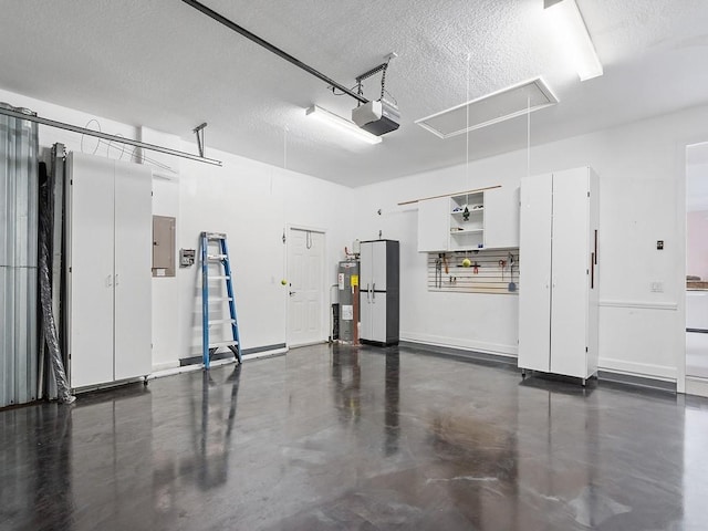 garage with electric panel, water heater, and a garage door opener