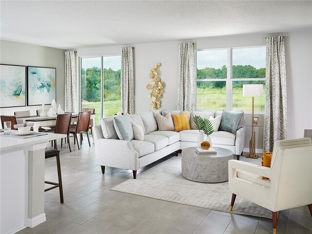 living room with a textured ceiling