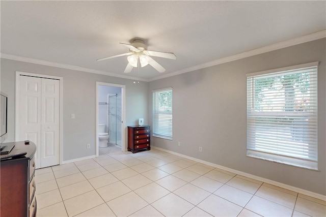 3405 Atlantic Blvd, Vero Beach, FL 32960 - unfurnished bedroom featuring ornamental molding, baseboards, light tile patterned floors, and ceiling fan