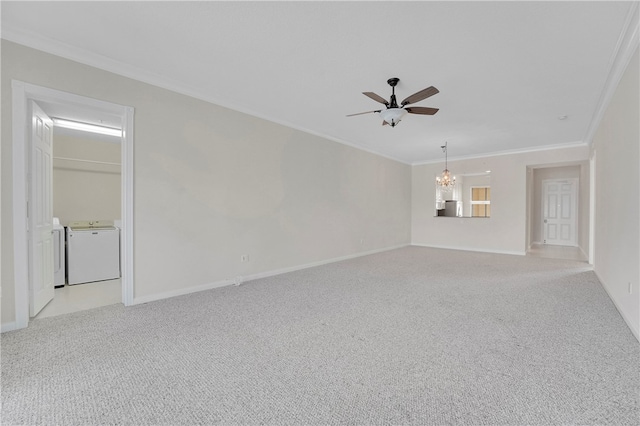 unfurnished living room with separate washer and dryer, light colored carpet, crown molding, and ceiling fan with notable chandelier