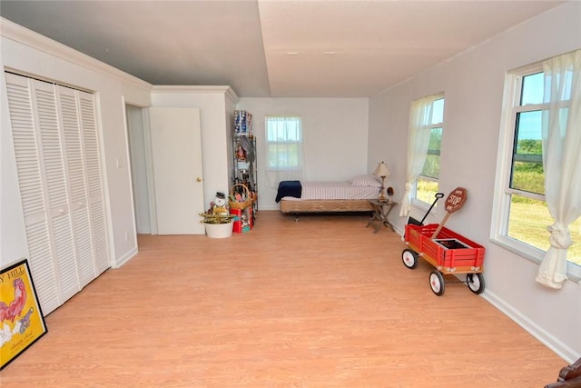 bedroom featuring light hardwood / wood-style floors, a closet, and crown molding