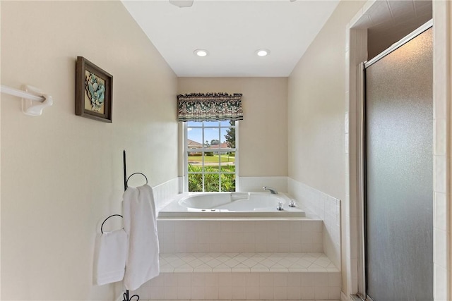 full bath with a garden tub, a stall shower, and recessed lighting