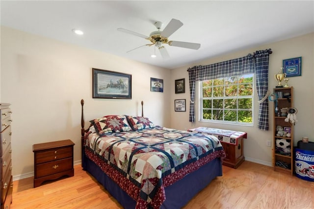bedroom with light wood-style flooring, baseboards, recessed lighting, and ceiling fan
